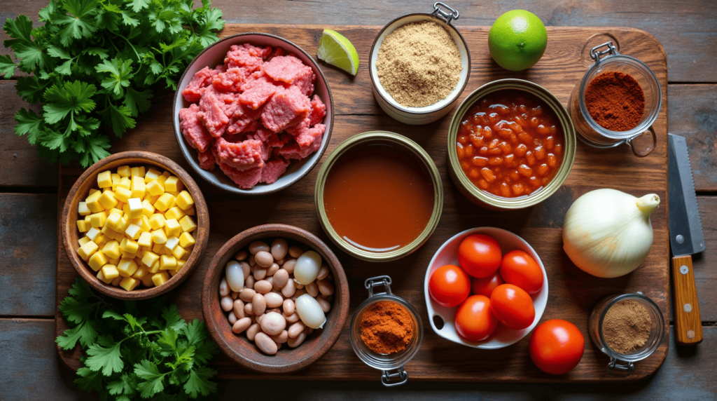 Cowboy Soup – A rustic mix of ground beef, beans, potatoes, corn, tomatoes, and bold spices in a rich broth