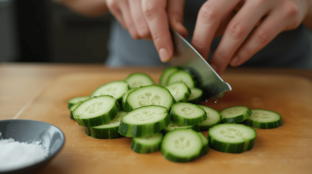 Spicy Cucumber Kimchi in a ceramic bowl, garnished with sesame seeds and green onions, showcasing its crunchy texture and vibrant red seasoning.