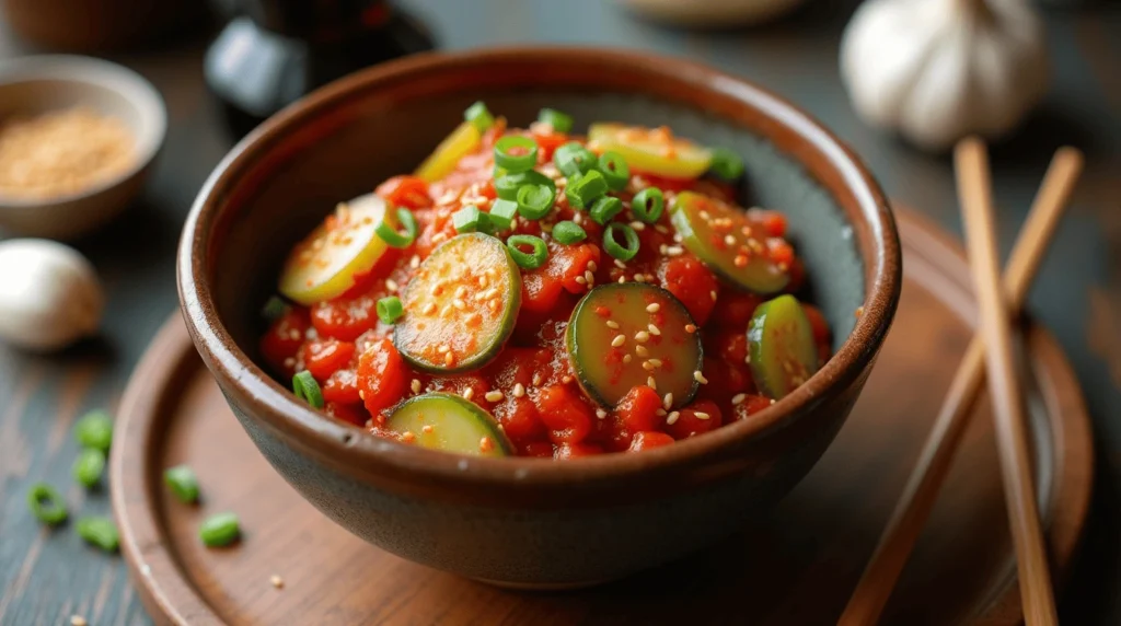 A bowl of freshly made Cucumber Kimchi, featuring crisp cucumber slices coated in a spicy red chili paste, garnished with sesame seeds and green onions.