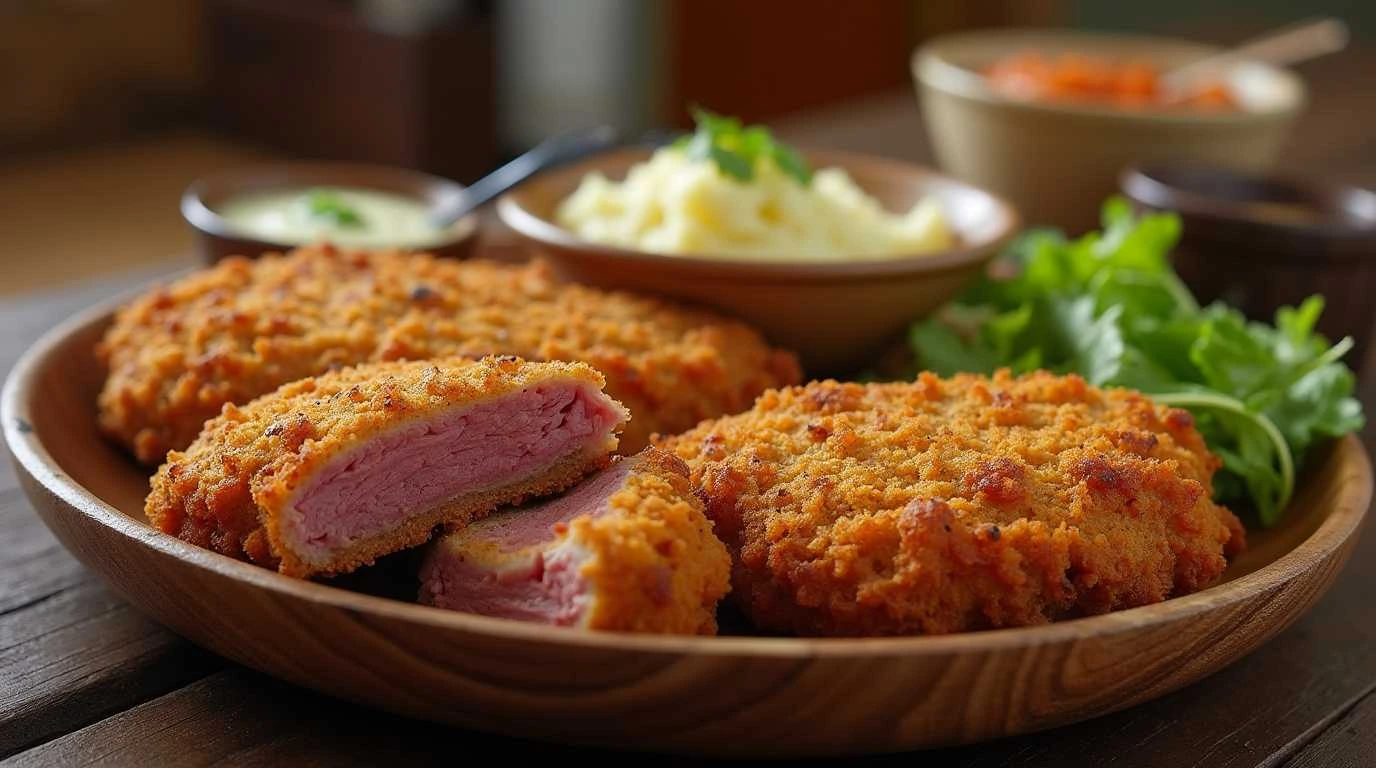 Golden, crispy beef cutlets on a plate with dipping sauce and fresh herbs.