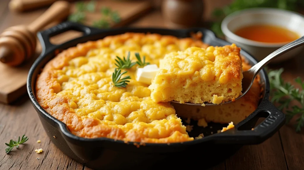 Freshly baked cornbread casserole with a golden, crispy crust and moist interior, served in a rustic ceramic baking dish with melted butter on top.