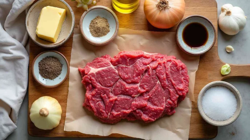 High-quality Wagyu ground beef with fresh ingredients like garlic, onion, butter, and seasonings on a rustic wooden surface, ready for cooking.